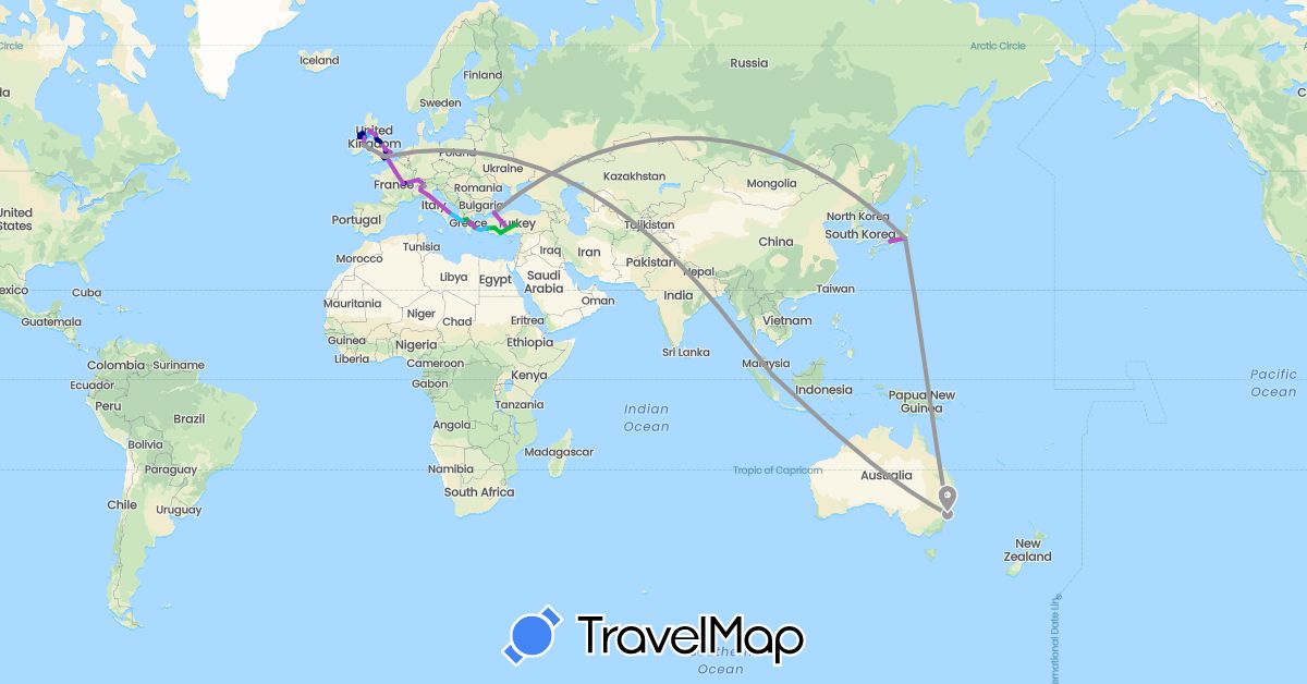 TravelMap itinerary: driving, bus, plane, train, boat in Australia, Switzerland, France, United Kingdom, Greece, Ireland, Italy, Japan, Singapore, Turkey (Asia, Europe, Oceania)